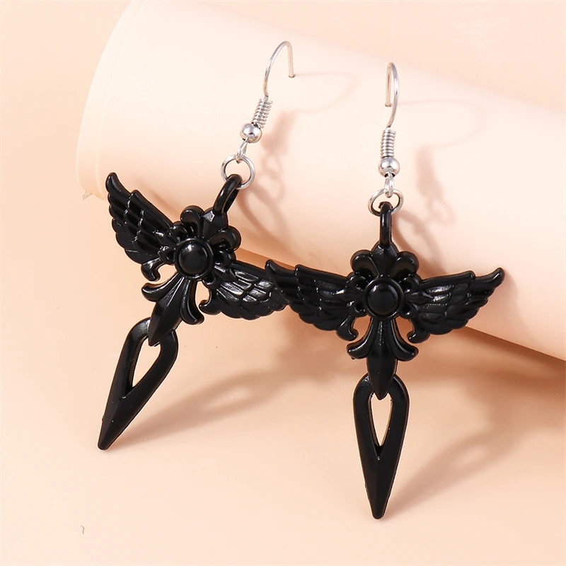 Women's Gothic Black Cross Drop Earrings, Dangle Hook Design