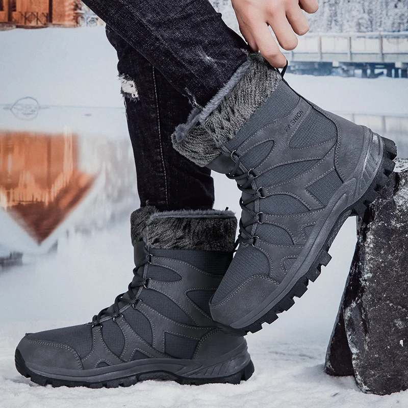 New Winter Men\'s Snow Boots Outdoor Warm Plush Men\'s Non-Slip Boots Comfortable Couple Hiking Ankle Boots High Top Street Boots
