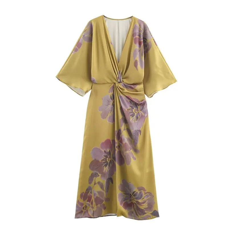 2025 가을 신상 여성 패셔너블 다용도 플로럴 프린트 미디 드레스 캐주얼 A라인 스커트 V넥 드레스