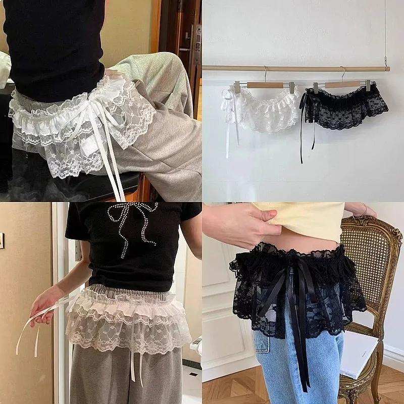 Newly Girl's White Lace Fart Curtain Sweet Elegant Multilayer Lace Skirt Hem Strap up Adjustable Clothing Accessories