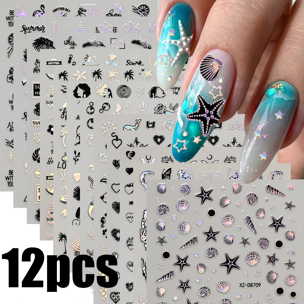 

12Pcs 3D Bronzing Black Rainbow Ocean Nail Sticker Shell Aurora Starfish Conch DlY Marine Manicure Decal Summer Nail Art Sticker
