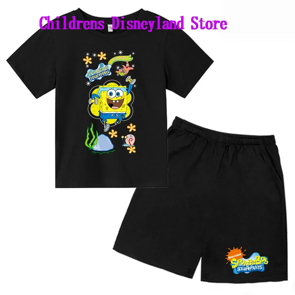 Spongebob Squarepants Spring And Autumn Children's Wear Boys And Girls T-shirt Set 2-piece Anime t shirt Sportswear Shorts boys