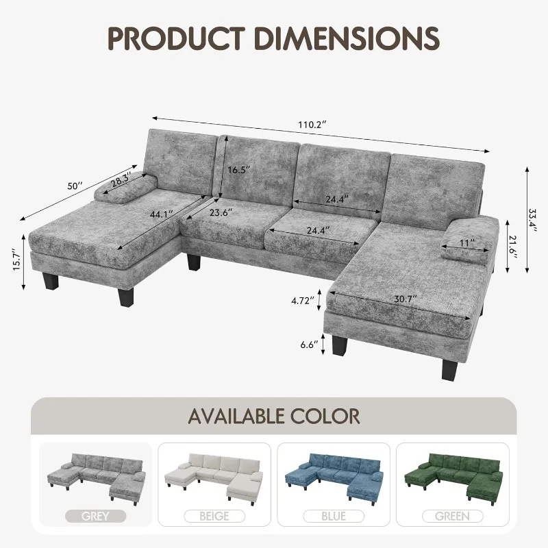 Convertible Sectional Sofa U-Shaped Couch with Soft Modern Cotton Chenille Fabric for Living Room, Oversized Seats with