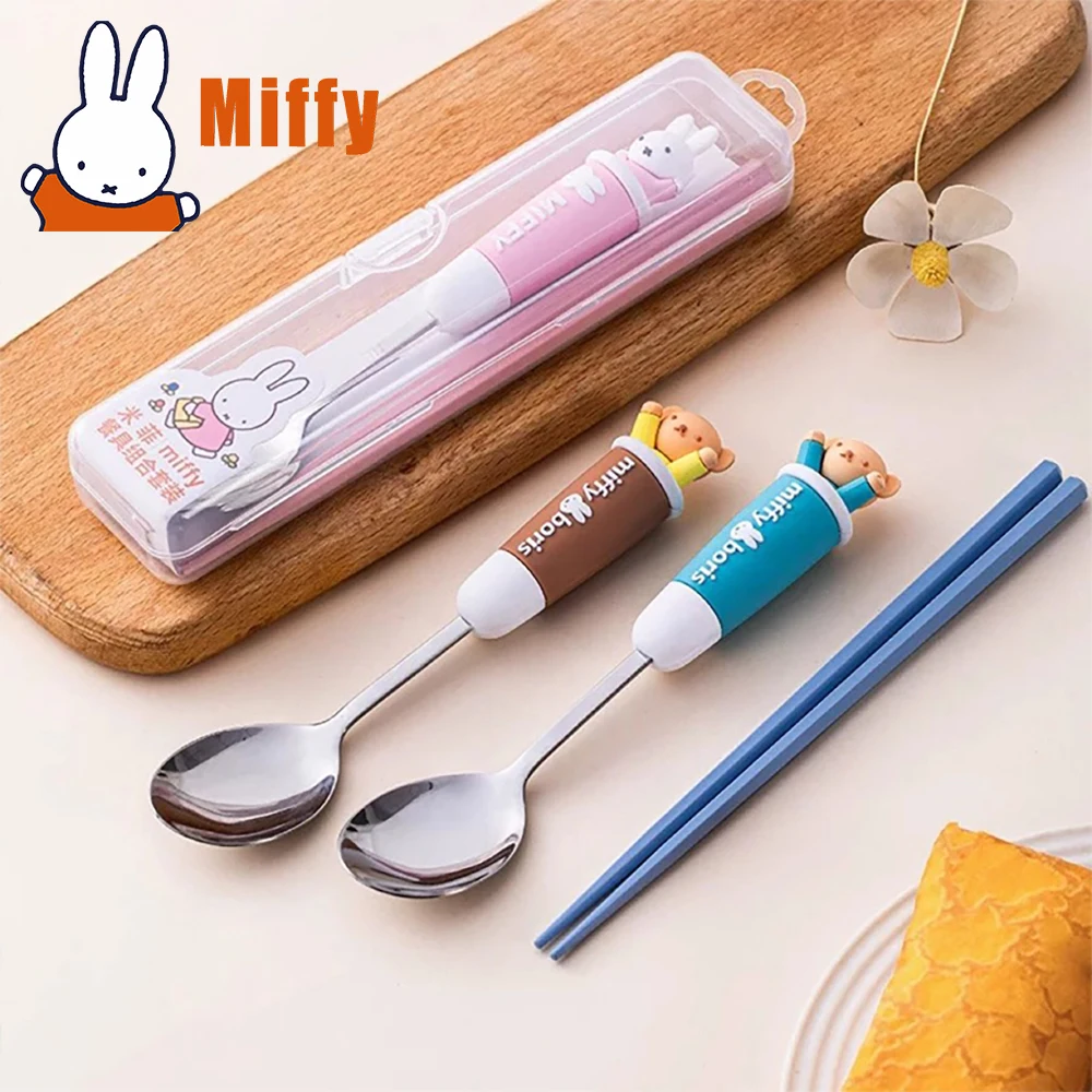 

Kawaii Miffy портативная ложка, набор палочек для еды, милая детская посуда, столовые приборы из нержавеющей стали 304, дорожная коробка для бенто, студентка для девочек