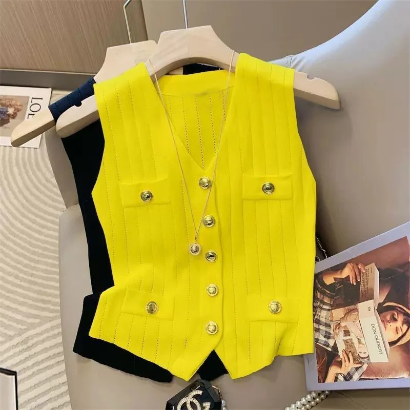 Women Summer Y2K Clothes Sleeveless V Neck Sexy Tanks Camis Crop Vintage Cool Girl Knit Korean Fashion Sweater Tee