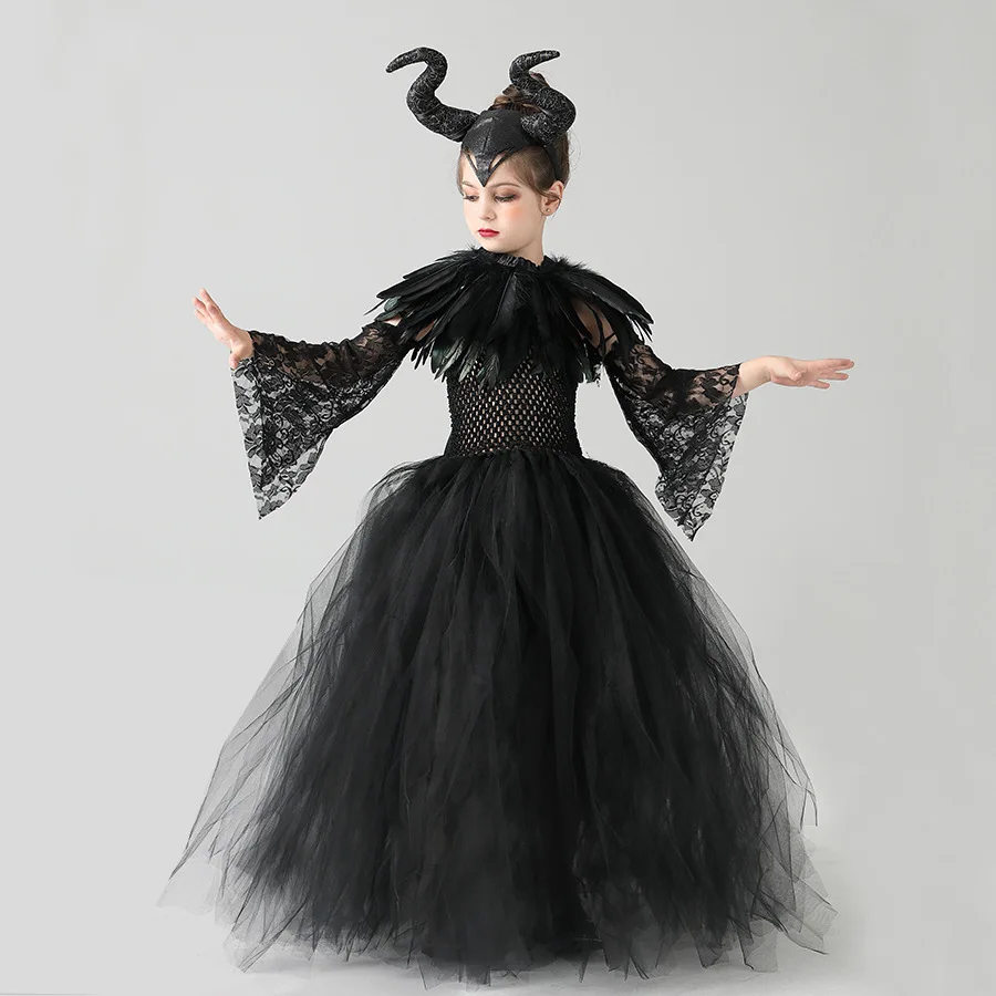 Schwarzes böses Hexen-Maleficent-Kostüm für kleine Kinder mit komplettem Zubehör, Hörnern, Flügeln und Zauberstab für Trick-or-Treat, Schule und Bühnenkostüme. – Detail 10