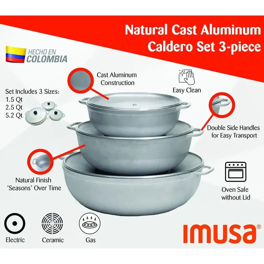 Colombian Cast Aluminum Caldero Set with Lid Rice Beans Meat Stews 3-Piece Traditional Design Seasoned Finish Oven Safe Variety