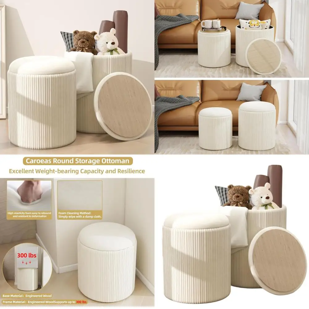

Pair of Beige Velvet Storage Ottomans with Upholstery, Multi-Purpose for Living and Bedroom, Ideal for Makeup and Footrest