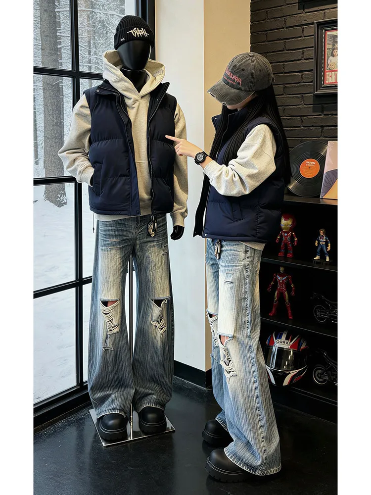 Trendy Youth down Vest Men's Thickened Stand Collar Sleeveless Outerwear with Sweatshirt Two Piece Set Winter Warm Anti-Cold