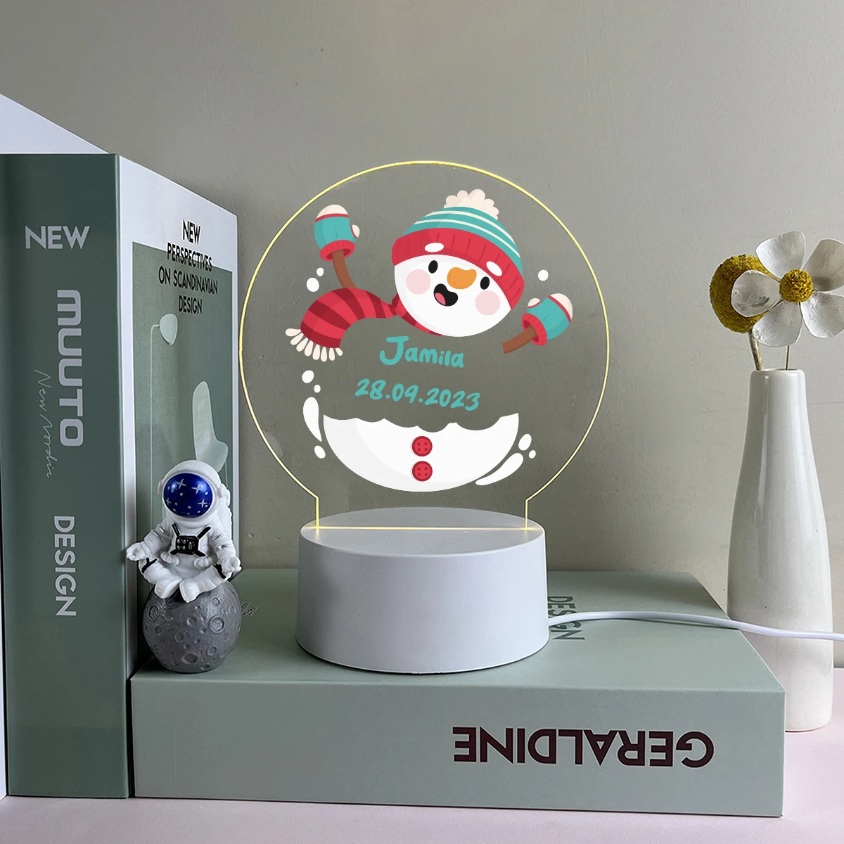 Muñeco de nieve con impresión UV, luz acrílica con nombre personalizado para regalo de Navidad, lámpara Visual 3D con fecha personalizada, decoración de habitación de bebé, 1 unidad