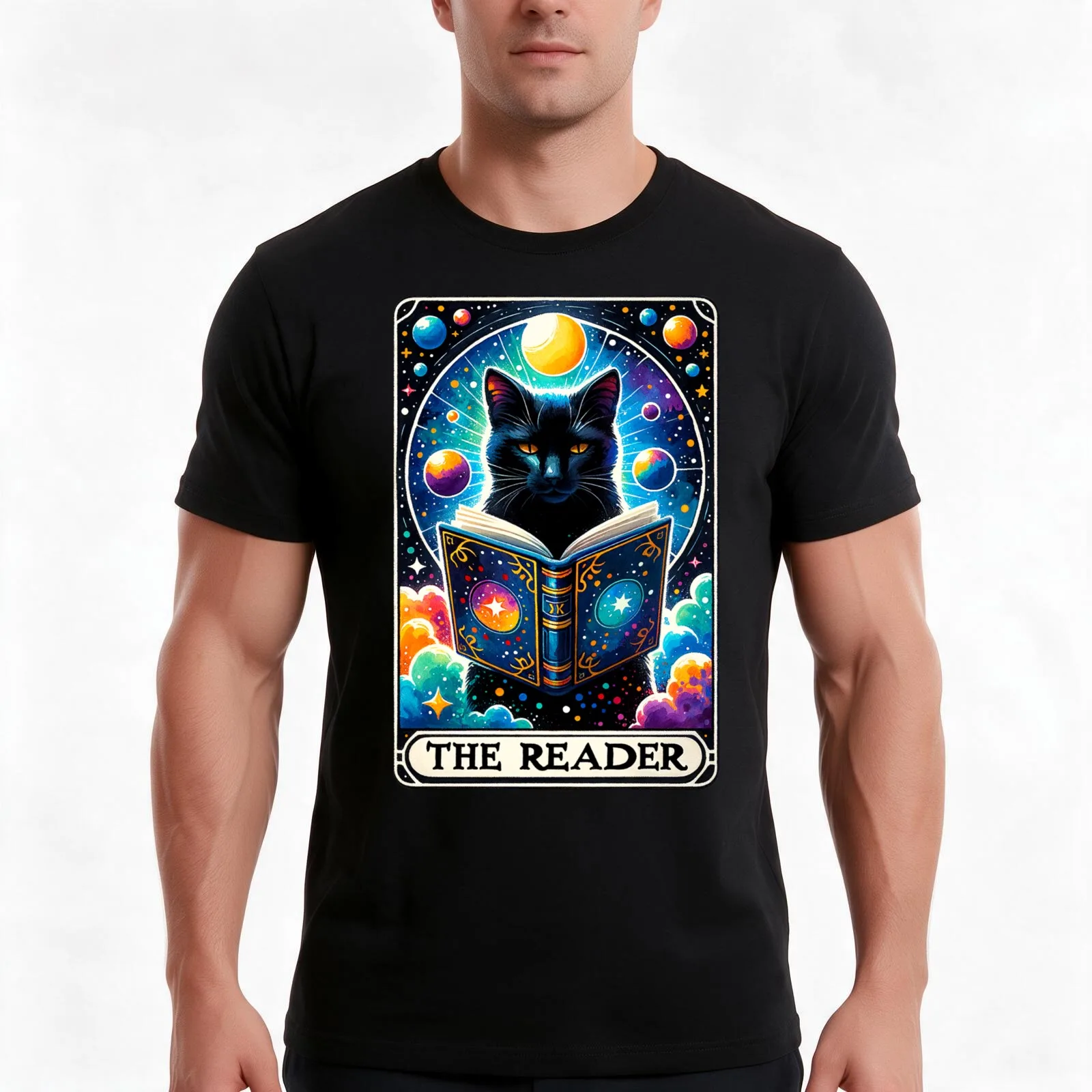 The Reader Funny Cat Tarot Card Parody T-Shirt Summer Casual Cotton Tee Oversized Streetwear Tops Vintage Graphic Print