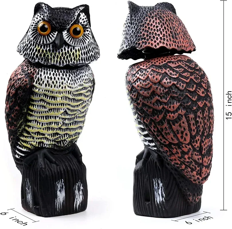 

Поддельный приманка для совы, пластиковый Uil Vogelverschrikker Sculpturetuur met Roterende Kop en Geluid для Tuin Yard Vogelafstotend Buiten