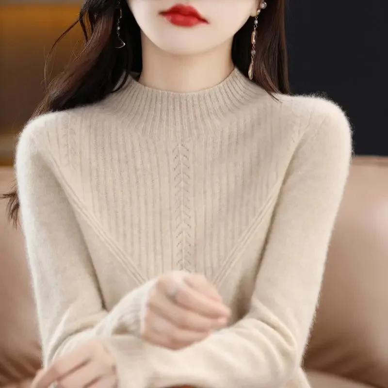 

2023 Autumn Winter Thick Warm Sweater Women Half High Collar Cashmere Sweater Korean Solid Green Casual Basic Pullover Knitwear