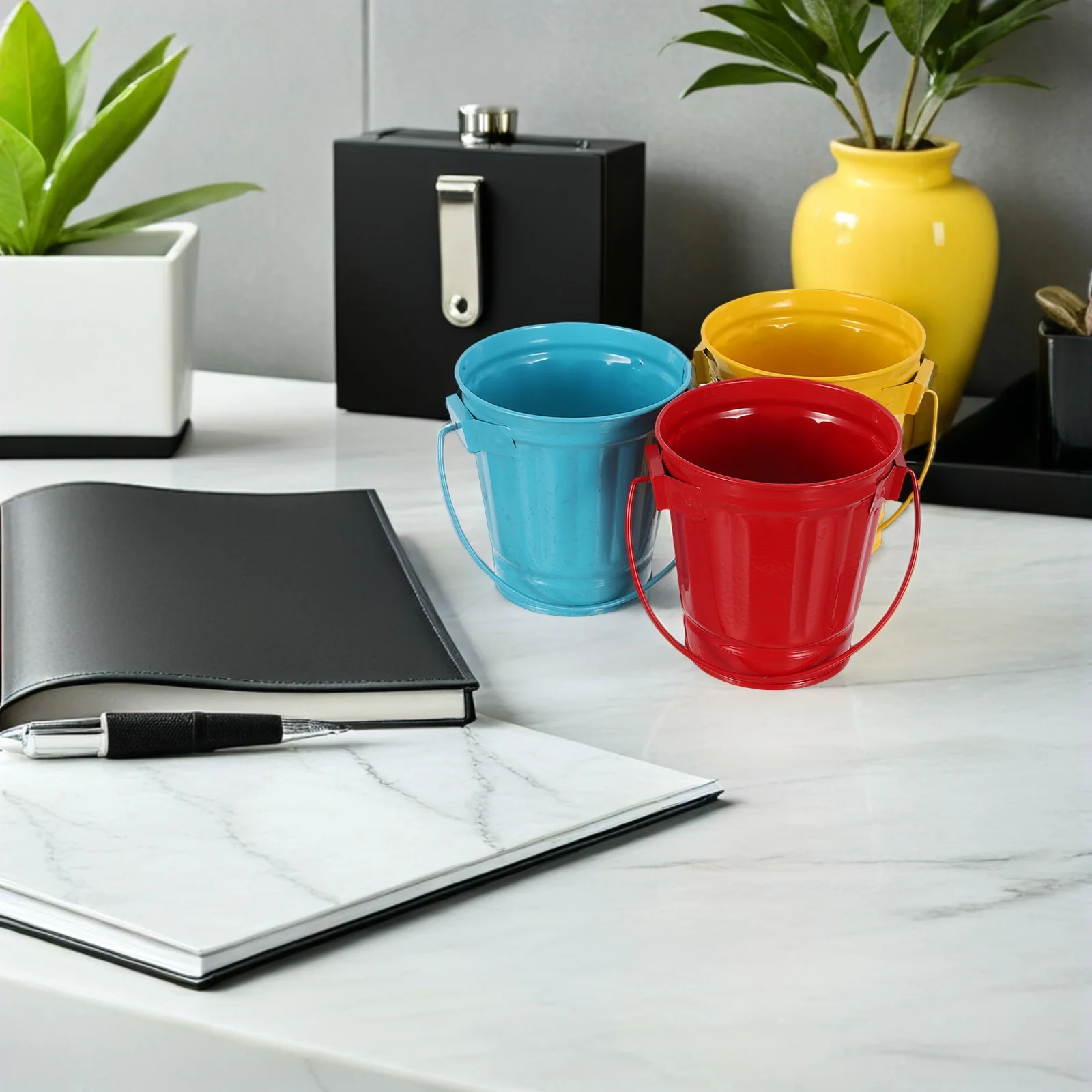 

3pcs Mini Desktop Trash Can Iron Wastebasket With Handle Compact Countertop Garbage Bin For Office Home Study Pencil Holder