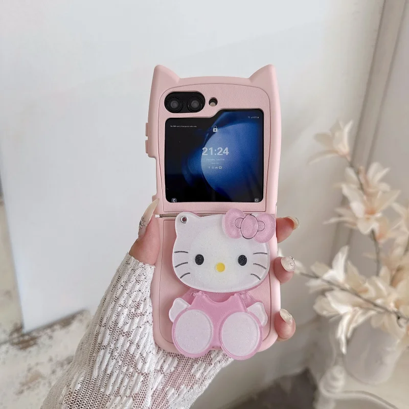 Cute Cartoon Mirror Sticker Hello Kitty Phone Case for Samsung Galaxy Z Flip 7 6 5 4 3 with Pendant Shockproof