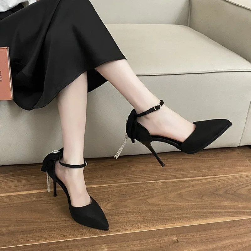 

New Design Black Bow Woman Pumps Rhinestone Pointed Toe High Heel Shoes Women Elegant High Heel Dress Work Dress Shoes
