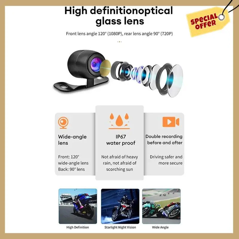 

1080P водонепроницаемый комплект камеры для мотоцикла DVR видеорегистратор для мотоцикла 3,0-дюймовая передняя и задняя камера видеорегистратор для мотоцикла комплект