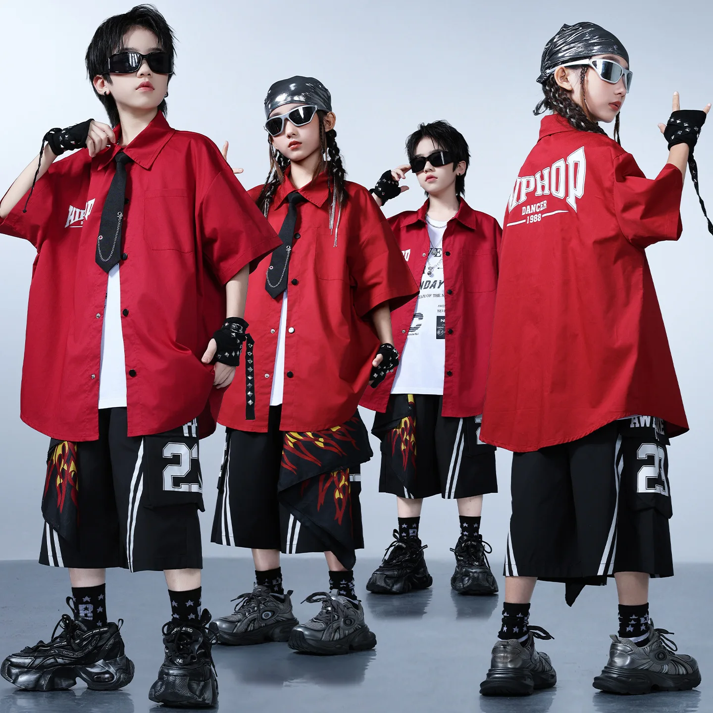 

Kid Kpop Hip Hop Clothing Red Short Sleeve Shirt Top Black Casual Striped Cargo Shorts for Girl Boy Street Dance Costume Clothes