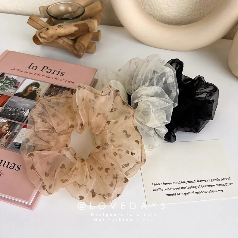 الكورية شبكة حبل الشعر مع طباعة القلب ، ذيل حصان شفاف تول ، رومانسية الشعر التعادل ، اكسسوارات الصيف ، Hot