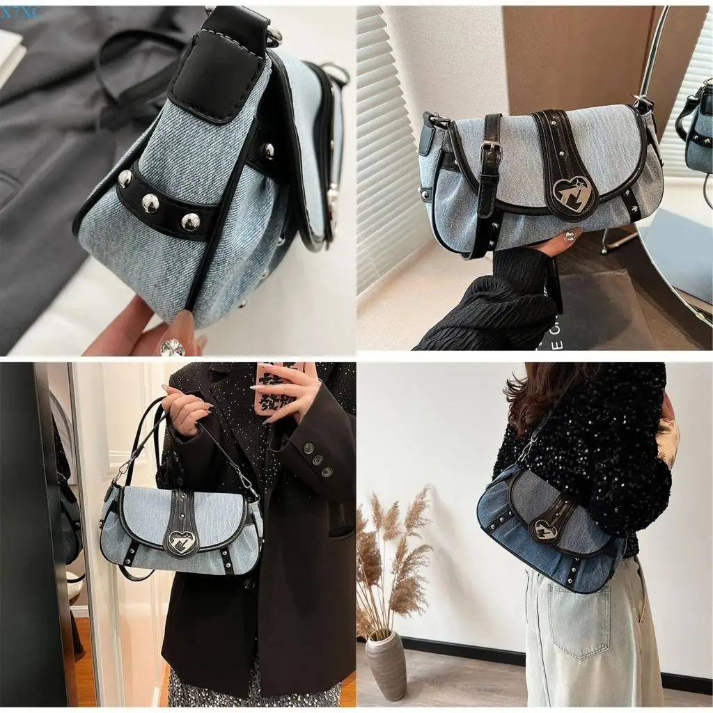 

X7XC Womens Punk Studded Denims Flap Crossbody Bag Aesthetic Heart Buckled Small Dumpling Shoulder Bag Handbag Purse