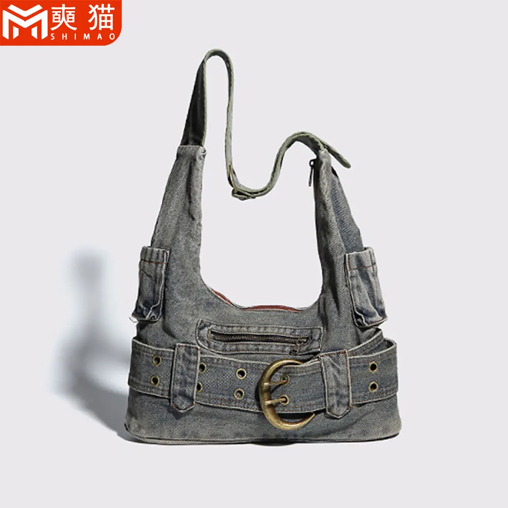 

Vintage Washed Denim Underarm Bag Women High-Quality Hot Girl Shoulder Bag Casual Belt Shape Commuting Denim Canvas Diagonal Bag
