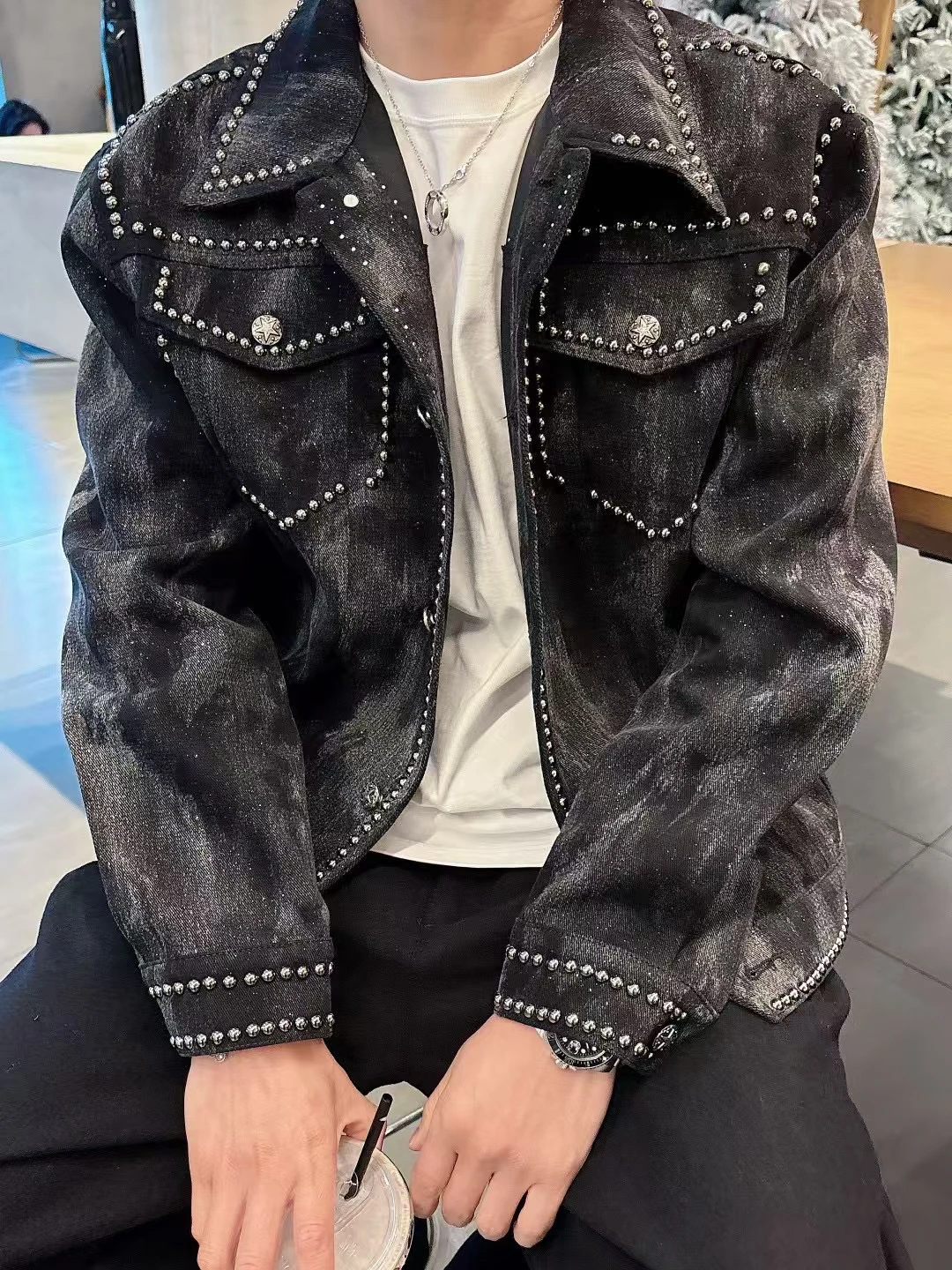 2025 Spring and Autumn New Denim Coats Long Sleeve Rivet Denim Jackets Men's Personality Trendy Tie-dye Lapel Motorcycle Jacket