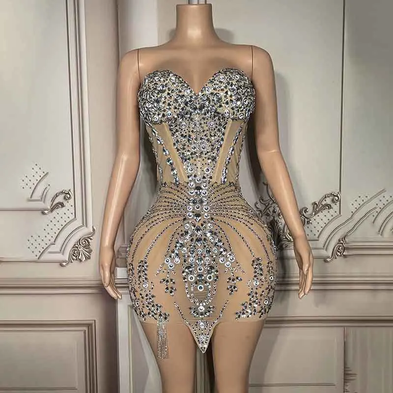 Elegant Rhinestone Birthday Party Stage Performance Dress Sparkling Diamond Mini Evening Gown Glam Prom Dress for Ladies Vestito