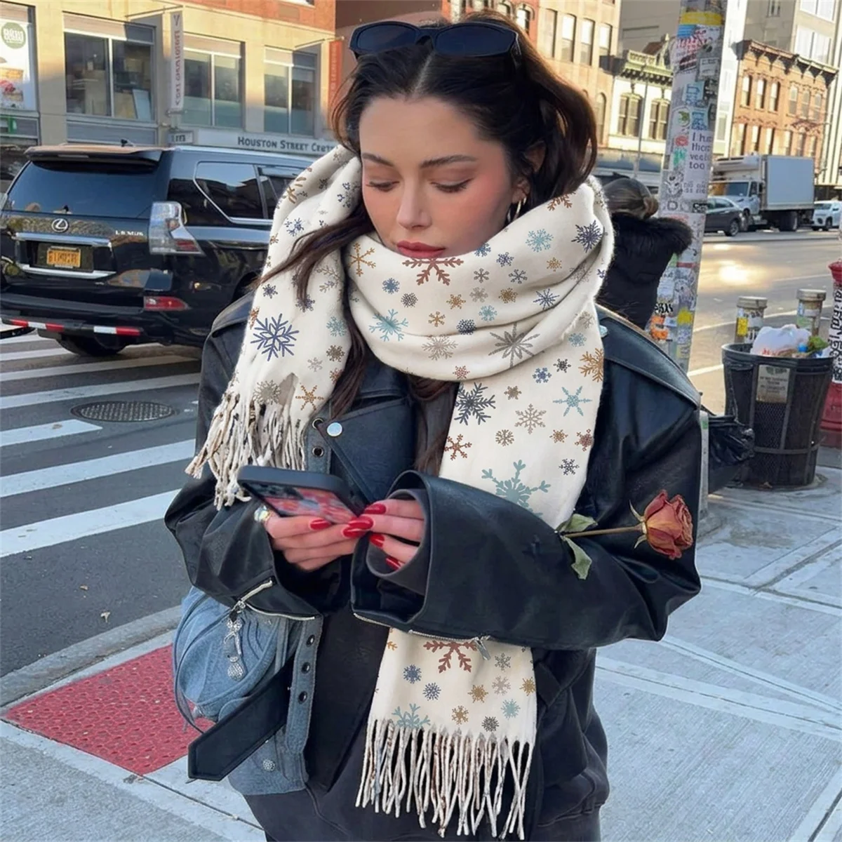Festive Snow Element Faux Cashmere Scarf Ladies Thick Tassel Pashmina Warm Multi Purpose Wrap Casual Outdoor Fashion Neck