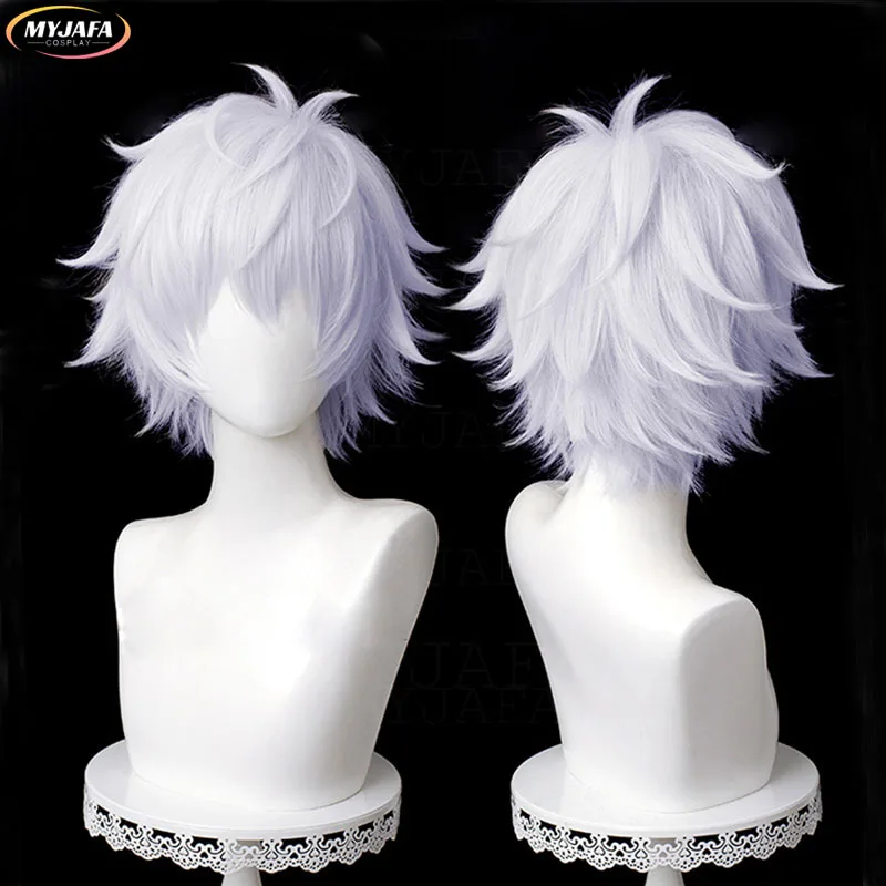 Parrucca Cosplay Gojo Satoru di alta qualità una parrucca bianca argento viola resistente al calore capelli sintetici parrucche Cosplay Anime + cappuccio parrucca