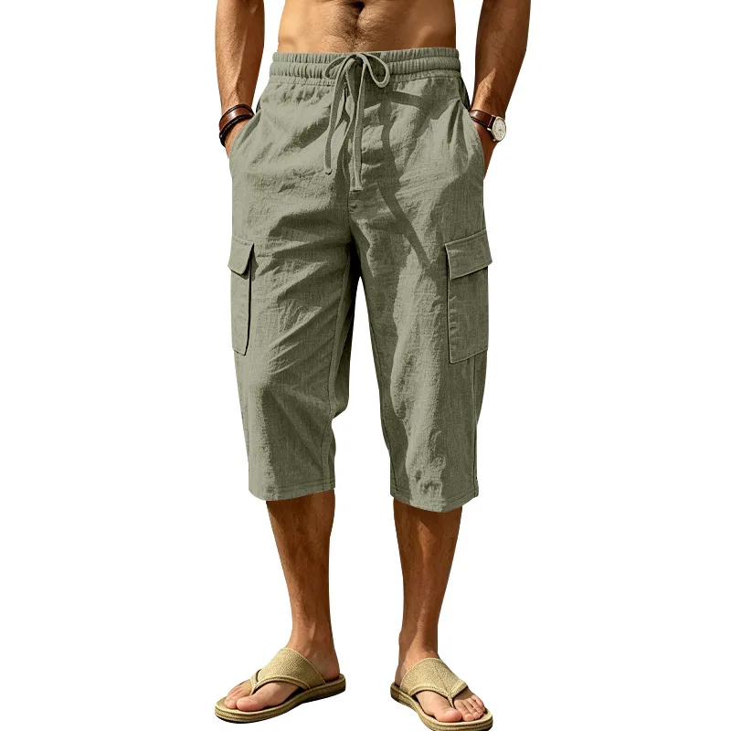 Europäische und amerikanische Sommer-Shorts aus Leinen für Herren, lässig, Outdoor, Arbeitskleidung, Pendler, Sport, Multi-Pocket, 7/8-Länge – Detail 19