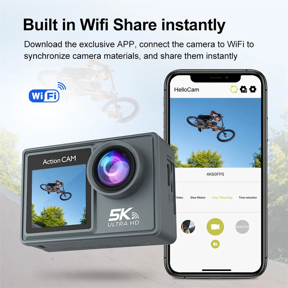 

Wifi 1080P Action Camera 5K 30FPS 4K 60FPS 48MP EIS Video Met Optionele Filter Dual Screen Underwater 30M Waterproof Camera