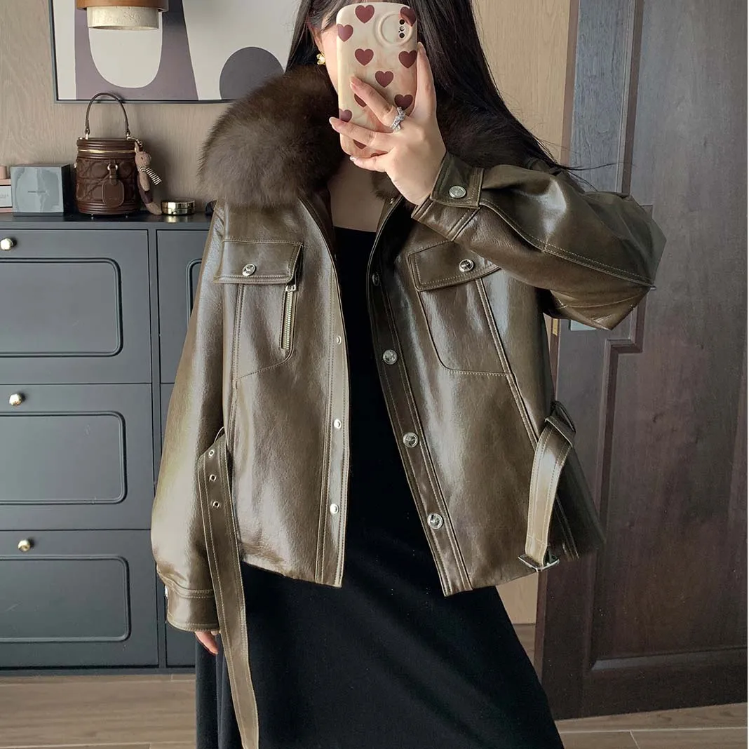 2025 automne hiver mode femmes veste en cuir col de fourrure manteaux courts à manches longues vestes à glissière femmes haute rue loisirs manteau