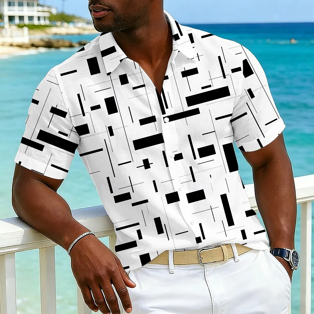 2026/2027 Geometric Abstract 3D Print Collared Shirt, Fashion Button Up Tops For Spring Summer Beach Vacation Daily Casual Wear
