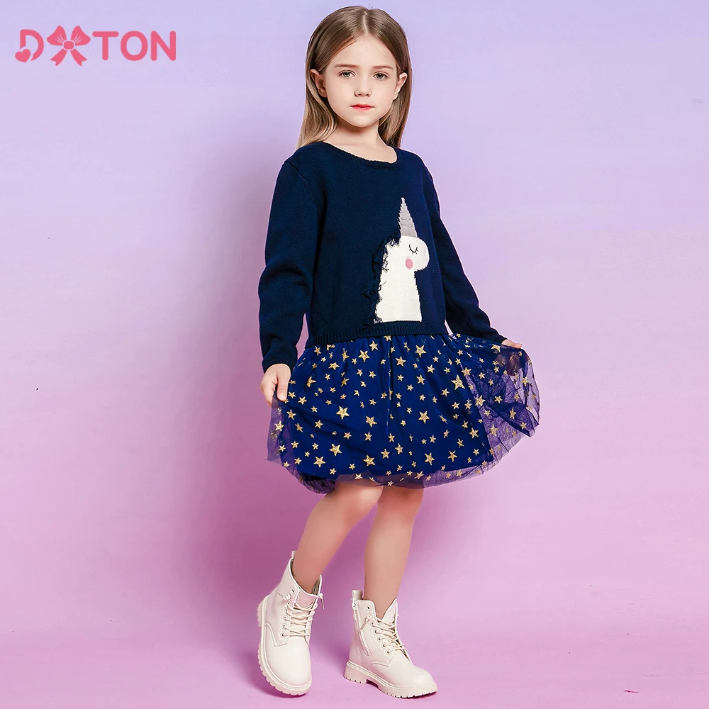 

DXTON Knitted Children Dress Unicorn Applique Kids Sweater Clothing Autumn Winter Birthday Thick Knitwear Girls Tutu Dresses