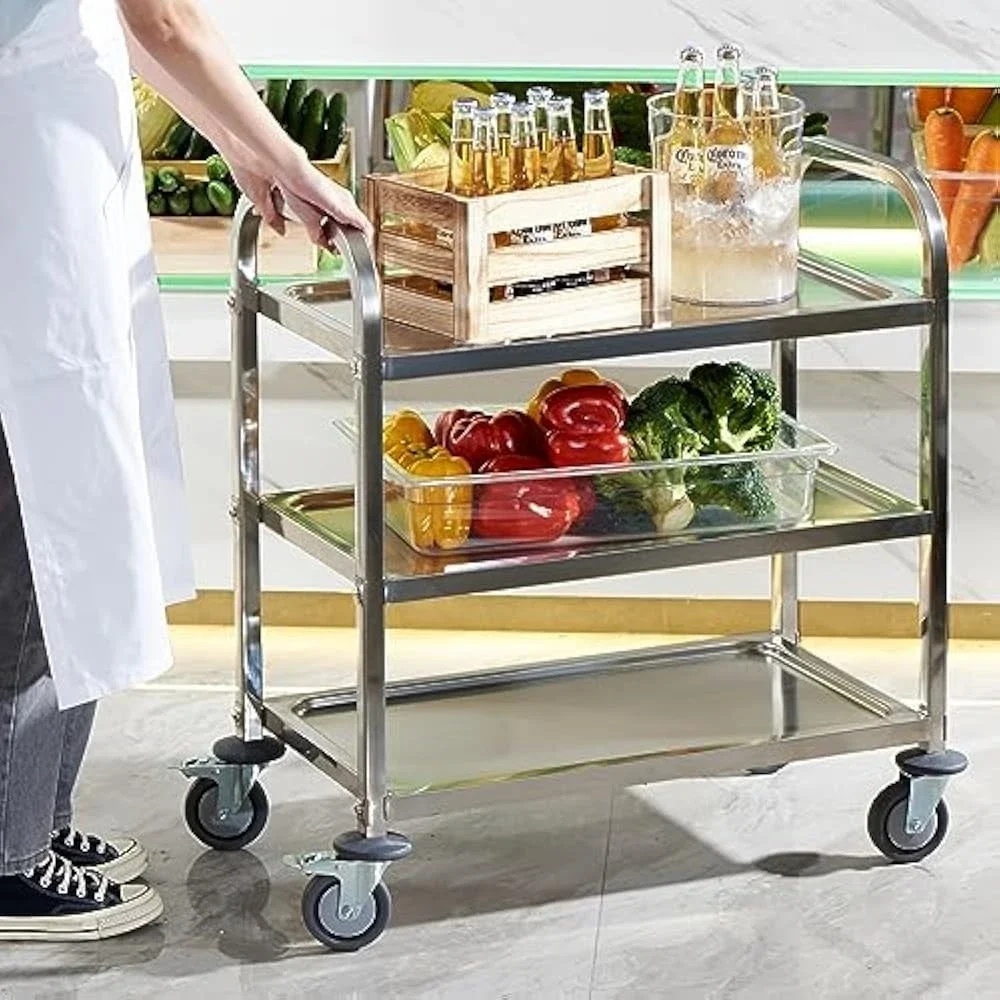 

Stainless Steel Serving Trolley, Tiered Shelf Kitchen Utility Cart, Rolling Casters Brake Wheel, Commercial Pro, Hotel Trolley