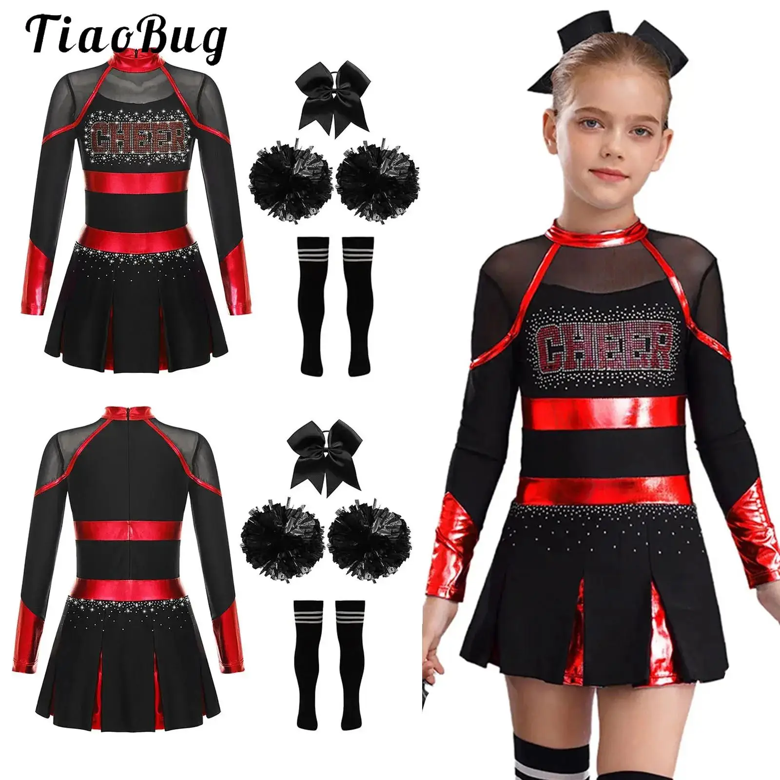 

4Pcs Rhinestones Cheerleader Uniform Dress Girls School Cheer Dance Outfit Halloween Cosplay Costume Carnival Sports Team Suit
