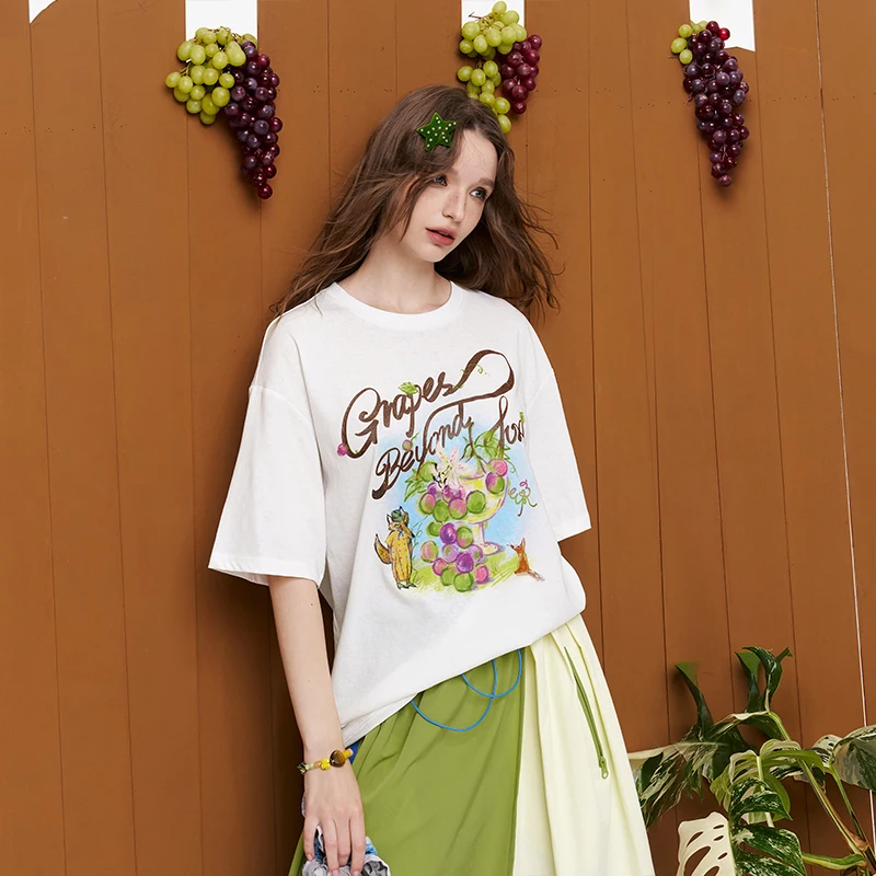 ELFSACK Graffiti Animal Print T-Shirt, Letter Graphic Loose Oversized Tee, Casual Short Sleeve Top for Women