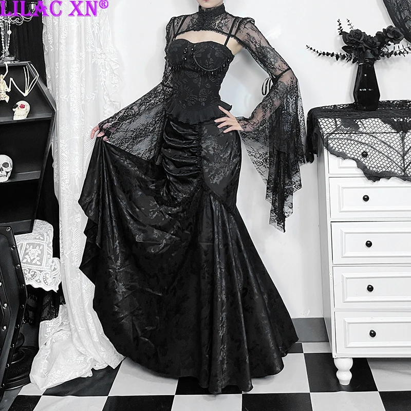 Gothic Black Floral Pattern Pleated Mermaid Skirts Y2K Vintage Elegant Lace Trim Long Skirts Women Autumn New Fashion Skirt