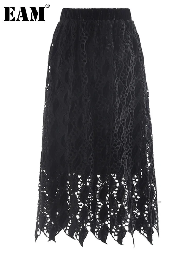 

[EAM] High Elastic Waist Black Lace Hollow Out Elegant Half-body Skirt Women Fashion Tide New Spring Autumn 2024 1DH7241