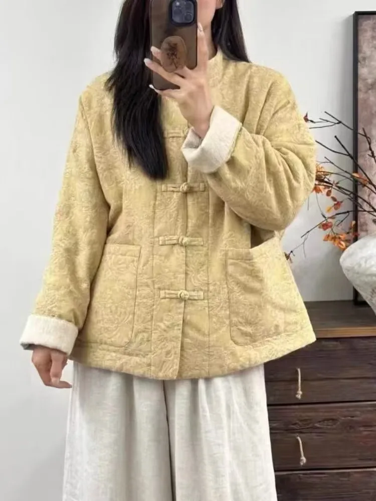 Retro Linen Embroidered Jacket Women's Winter New Chinese Style Stand Collar Zen Improved Tang Costume Cotton Coat Thickened