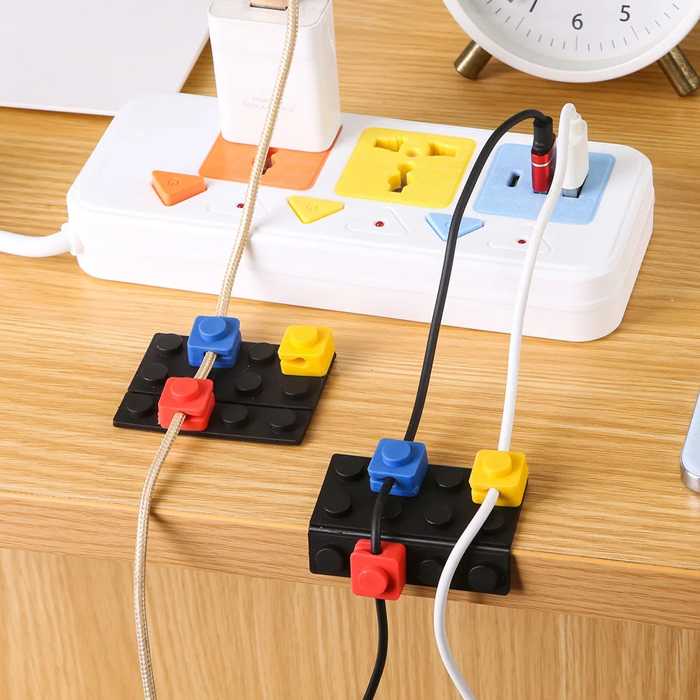 Organizador de Cabos em Formato de Bloco de Montar, Suporte de Linhas para Mesa, Organizador de Cabos USB, Suporte Adesivo, Organizador de Cabos de Montagem Livre