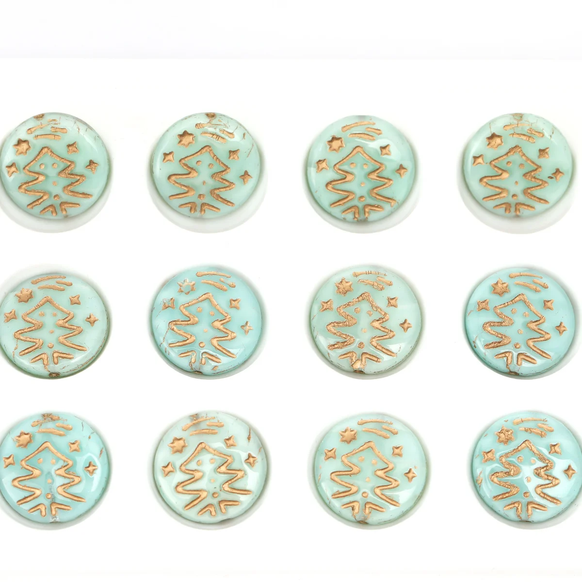 7pcs/14pcs 14mm Translucent Mint Green Antique Gold Trim Xmas Tree Disc Glass Beads, Retro Holiday Pattern Flat Loose Beads