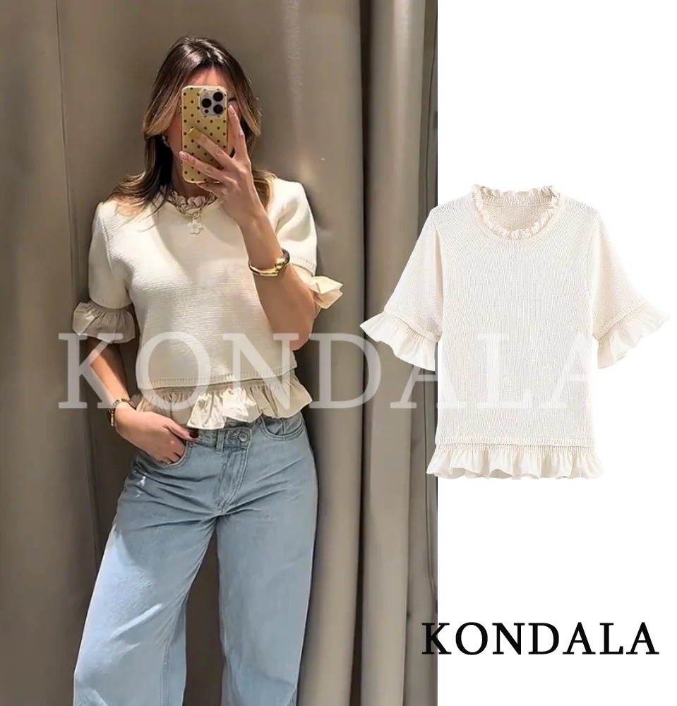 KONDALA Women Elegant Knitted T-Shirts Spliced Pleated Hem Short-Sleeved Tops 2026 Spring Summer Trends Simple Chic Lady Tops