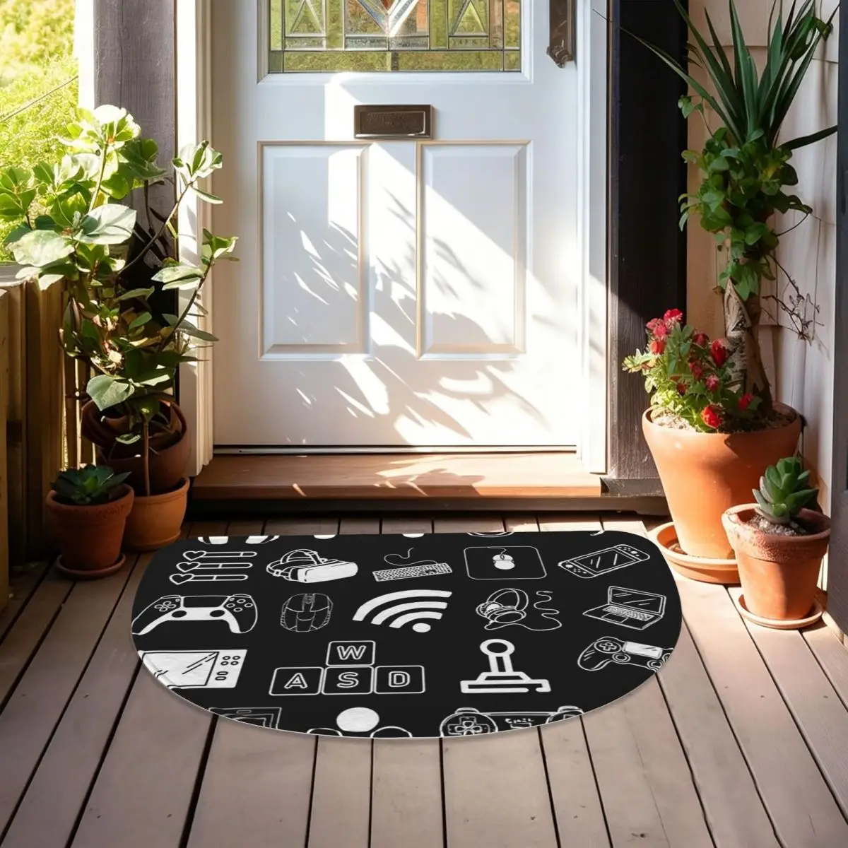 Gamer Controller Video Game Gaming Gamepad Flannel Half Round Doormat Non Slip Bathroom Mat Absorbent Floor Carpet for Garage