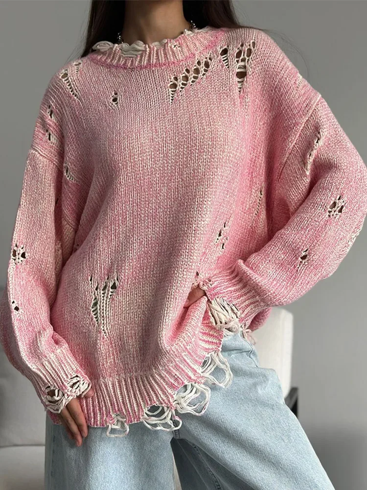 

Overtised Pink Hollow Out Tassels Knitted Sweaters Casual O Neck Long Sleeve Women's Pullover 2024 Autumn Female Knitted Jumpers