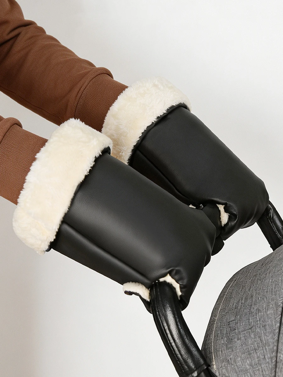 PU Leather Stroller Handle Gloves Winter Warm Windproof Waterproof Fleece Lined Pram Hand Muff Baby Stroller Accessory