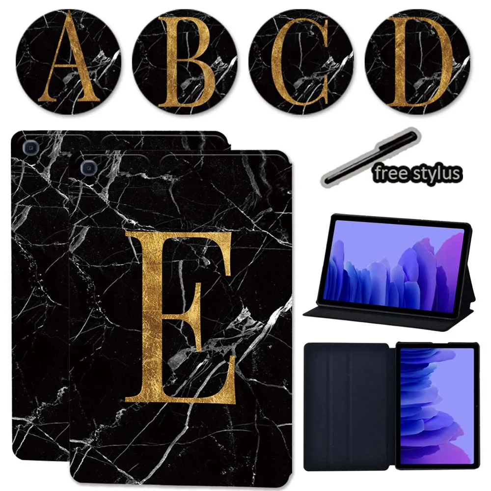 Tablet Cover Case for Samsung Galaxy Tab A7 10.4 Inch SM-T500/SM-T505 2020 Marble 26 Letters Pattern Anti-fall Flip Shell + Pen