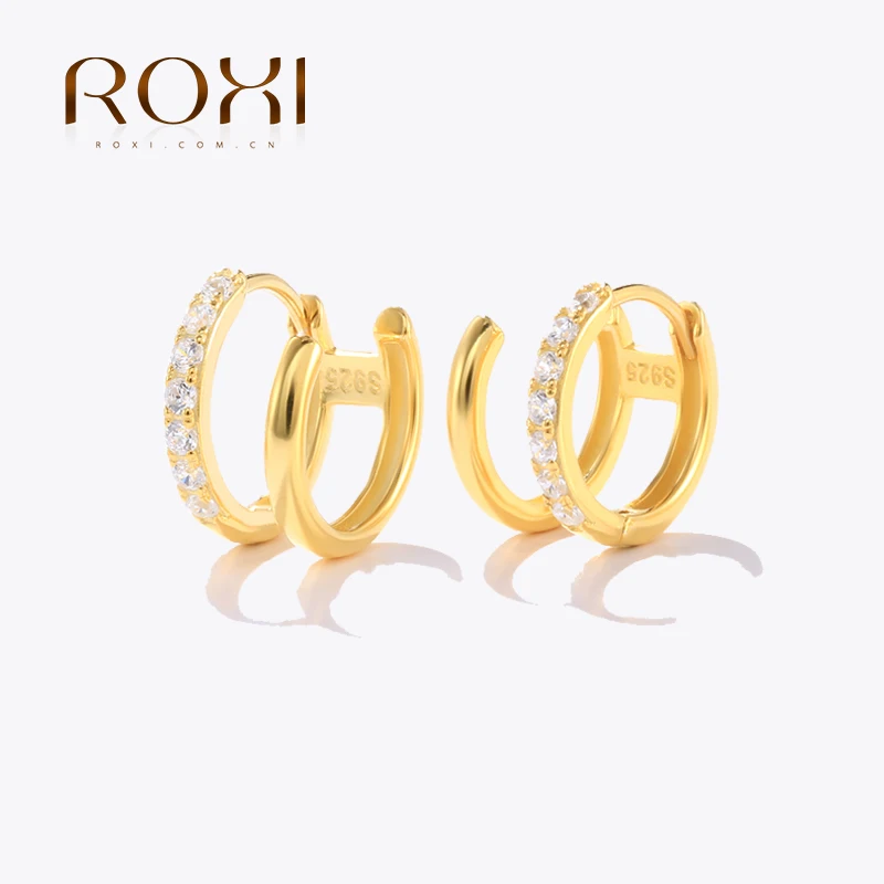 ROXI Creative Double C Design Colors Zircon Hoop Earrings for Women 925 Sterling Silver Cartilage Earrings Jewelry Pendientes