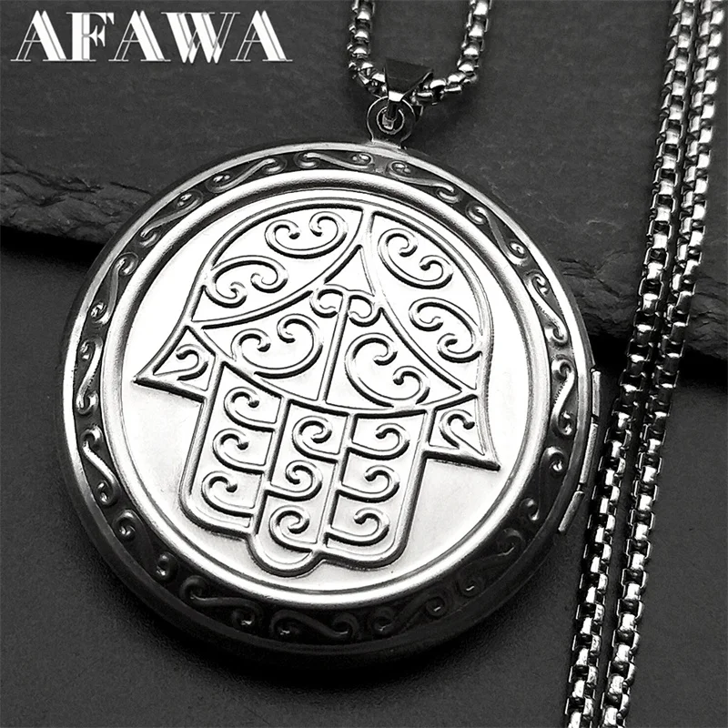 Collar con marco de fotos de bolsillo de mano de Fátima para mujeres y hombres, collares de Hamsa árabe de Color plateado de acero inoxidable, regalo de joyería islámica