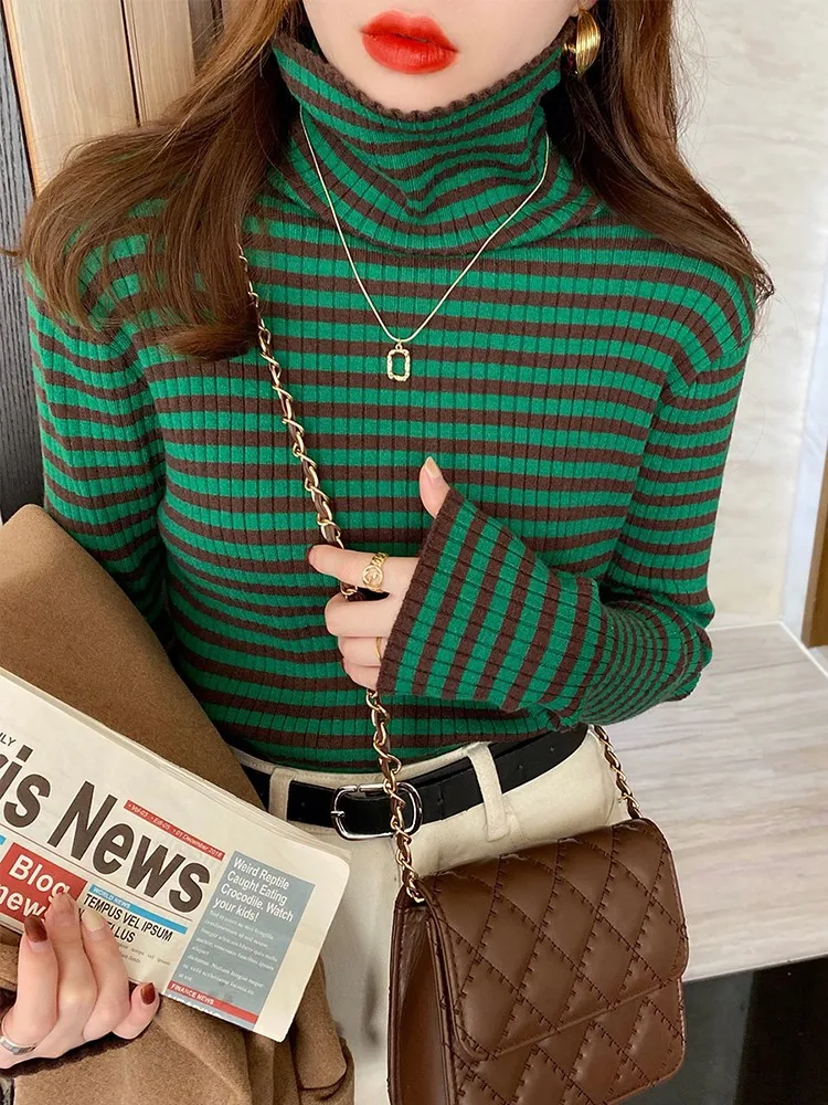 Elegant Stripe Basic Knitted Women Tops Turtlneck Sweater Long Sleeve Casual Slim Pullover Korean Fashion Simple Chic Clothes